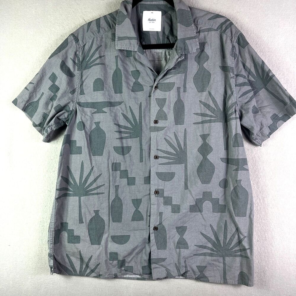 KATIN Hawaiian Shirt Mens Medium Gray Button Up Aztec Mezcal Woven Short Sleeve